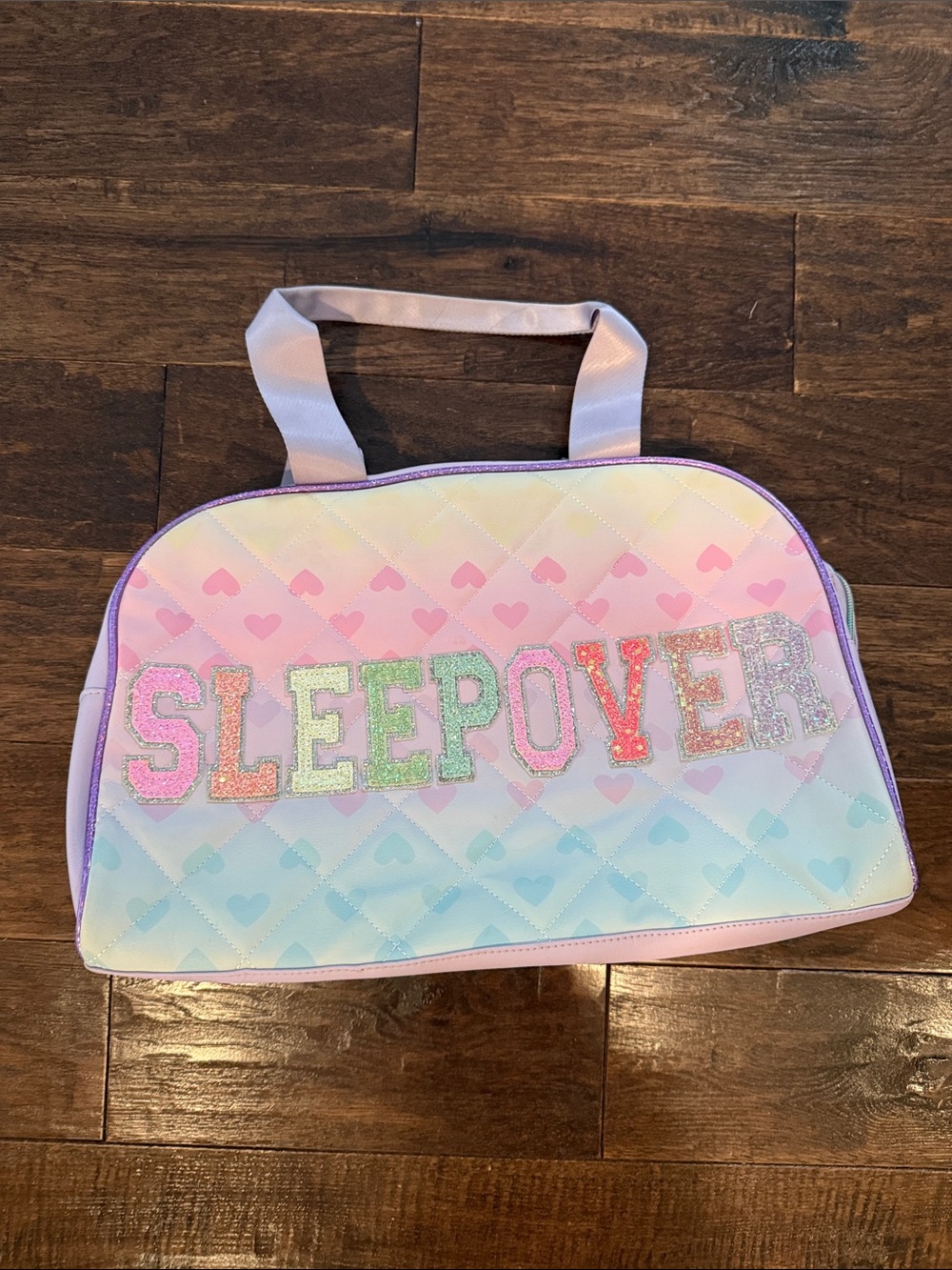 Pastel Rainbow Quilted Kids Sleepover Tote Bag - 'SLEEPOVER' Glitter Letters